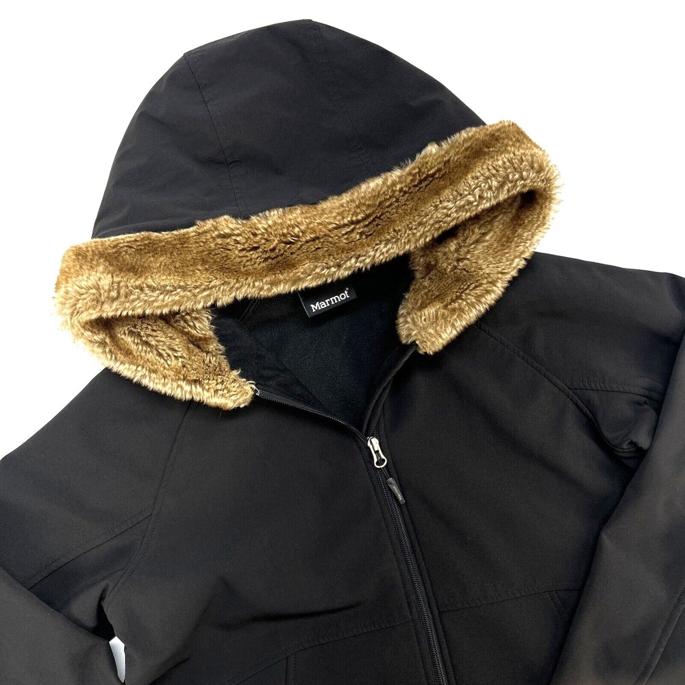 Marmot Faux Fur Hood Jacket Womens M Black Zip Pockets Outdoor